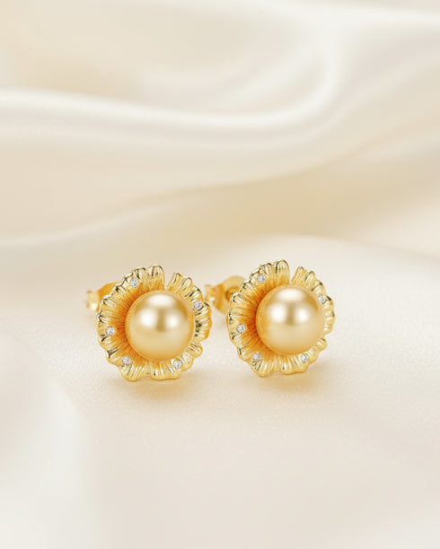 Sunflower Golden Pearl Stud Earrings